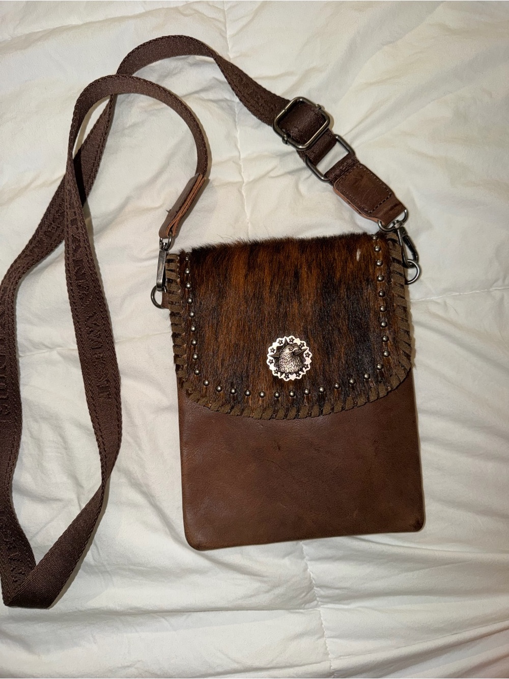 Brown Leather & Fur Crossbody Bag with Decorative Concho
